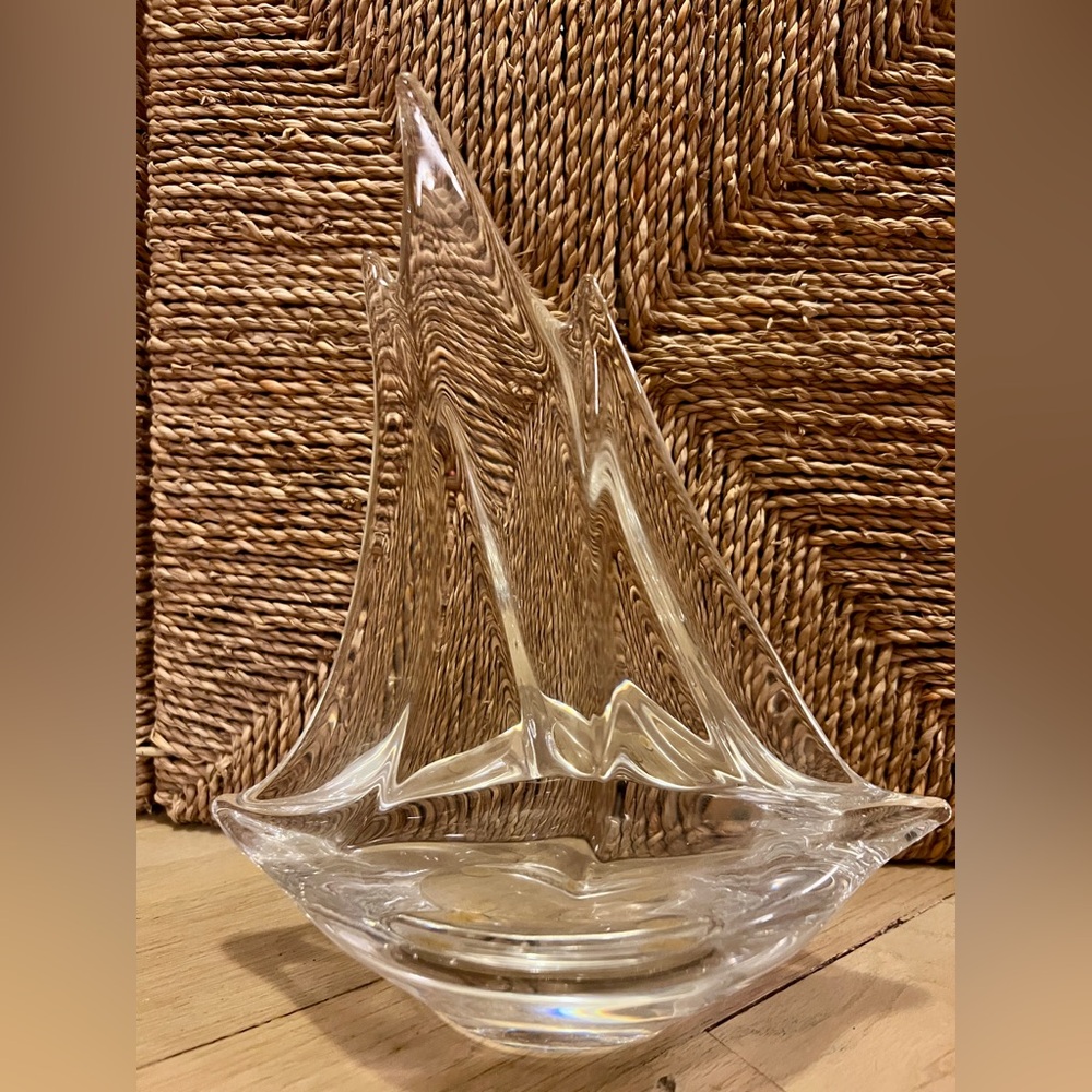 Signed Daum France vintage crystal 3 mast sail boat